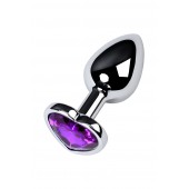 Серебристая коническая анальная пробка с фиолетовым кристаллом-сердечком - 7 см. - ToyFa - купить с доставкой в Шахтах