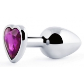 Серебристая анальная пробка с фиолетовым кристаллом-сердечком - 8 см. - Anal Jewelry Plug - купить с доставкой в Шахтах