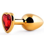 Золотистая анальная пробка с красным стразом-сердечком - 8 см. - Anal Jewelry Plug - купить с доставкой в Шахтах