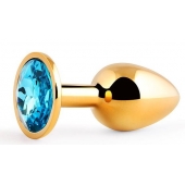 Золотистая анальная пробка с голубым стразом - 7,2 см. - Anal Jewelry Plug - купить с доставкой в Шахтах