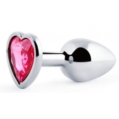 Серебристая анальная пробка с розовым кристаллом-сердечком - 7 см. - Anal Jewelry Plug - купить с доставкой в Шахтах