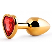 Золотистая анальная пробка с красным стразом-сердечком - 7 см. - Anal Jewelry Plug - купить с доставкой в Шахтах