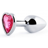 Серебристая анальная пробка с малиновым кристаллом-сердечком - 7 см. - Anal Jewelry Plug - купить с доставкой в Шахтах