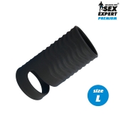 Черная открытая насадка на пенис с кольцом для мошонки L-size - 8,5 см. - Sex Expert - в Шахтах купить с доставкой