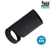 Черная открытая насадка на пенис с кольцом для мошонки XXL-size - 9,4 см. - Sex Expert - в Шахтах купить с доставкой