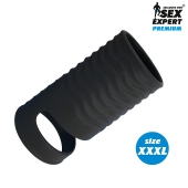 Черная открытая насадка на пенис с кольцом для мошонки XXXL-size - 9,9 см. - Sex Expert - в Шахтах купить с доставкой