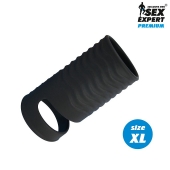 Черная открытая насадка на пенис с кольцом для мошонки XL-size - 8,9 см. - Sex Expert - в Шахтах купить с доставкой