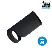 Черная открытая насадка на пенис с кольцом для мошонки size M - 7,9 см. - Sex Expert - в Шахтах купить с доставкой