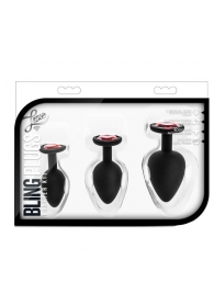 Набор черных анальных пробок с красным кристаллом-сердечком Bling Plugs Training Kit - Blush Novelties - купить с доставкой в Шахтах