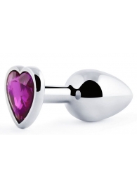 Серебристая анальная пробка с фиолетовым кристаллом-сердечком - 8 см. - Anal Jewelry Plug - купить с доставкой в Шахтах
