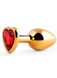 Золотистая анальная пробка с красным стразом-сердечком - 8 см. - Anal Jewelry Plug - купить с доставкой в Шахтах
