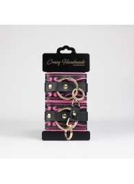 Черные кожаные наручники с розовой строчкой - Crazy Handmade - купить с доставкой в Шахтах