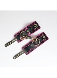 Черные кожаные наручники с розовой строчкой - Crazy Handmade - купить с доставкой в Шахтах