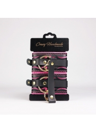Черные кожаные оковы с розовой строчкой - Crazy Handmade - купить с доставкой в Шахтах