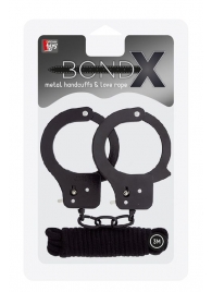 Чёрные наручники из листового металла в комплекте с веревкой BONDX METAL CUFFS LOVE ROPE SET - Dream Toys - купить с доставкой в Шахтах