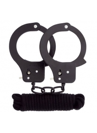 Чёрные наручники из листового металла в комплекте с веревкой BONDX METAL CUFFS LOVE ROPE SET - Dream Toys - купить с доставкой в Шахтах