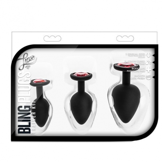 Набор черных анальных пробок с красным кристаллом-сердечком Bling Plugs Training Kit - Blush Novelties - купить с доставкой в Шахтах