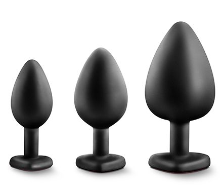 Набор черных анальных пробок с красным кристаллом-сердечком Bling Plugs Training Kit - Blush Novelties - купить с доставкой в Шахтах