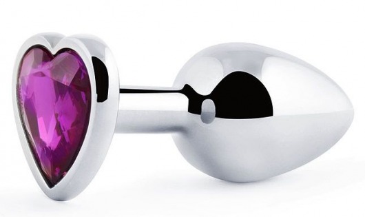 Серебристая анальная пробка с фиолетовым кристаллом-сердечком - 8 см. - Anal Jewelry Plug - купить с доставкой в Шахтах