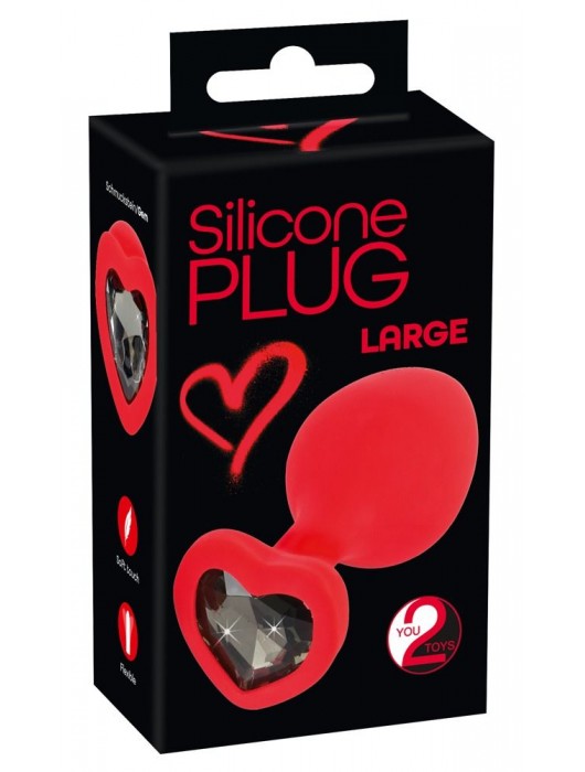 Красная силиконовая анальная пробка с черным стразом-сердечком - 9,3 см. - Orion - купить с доставкой в Шахтах
