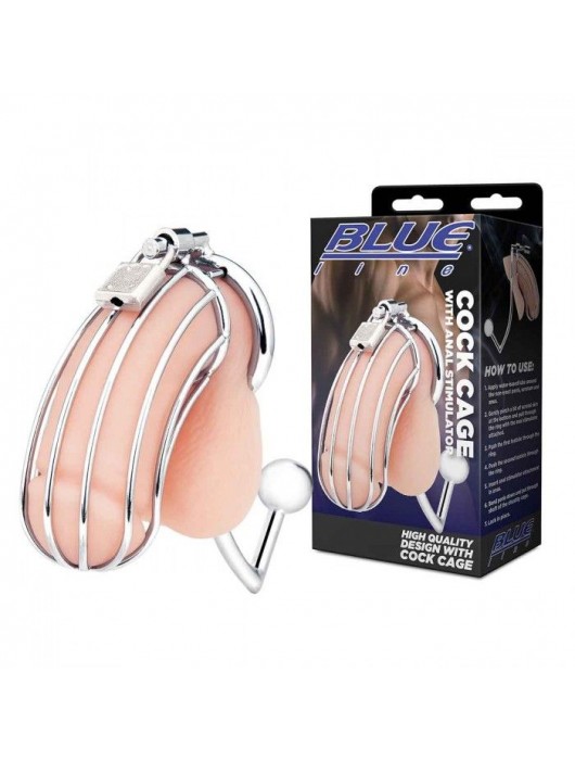 Серебристая металлическая клетка с анальным стимулятором Cock Cage - BlueLine - купить с доставкой в Шахтах