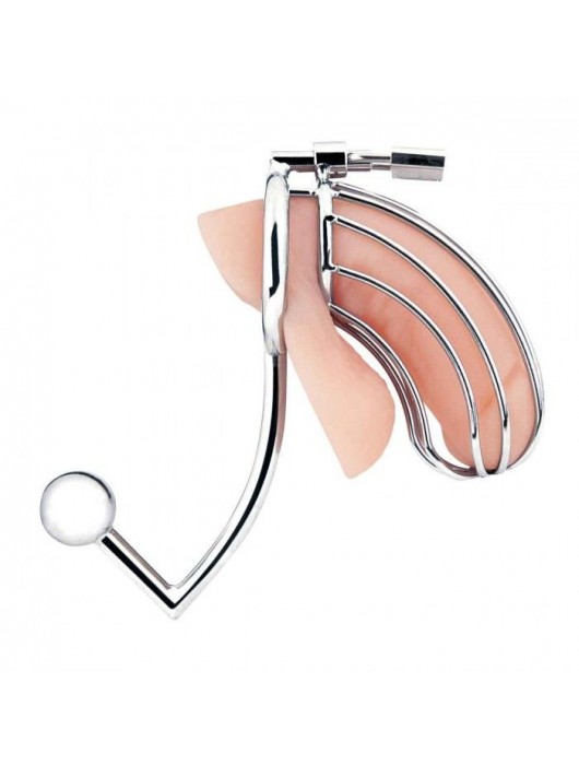 Серебристая металлическая клетка с анальным стимулятором Cock Cage - BlueLine - купить с доставкой в Шахтах