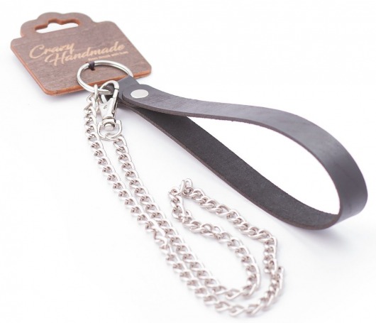 Серебристый металлический поводок с кожаной черной ручкой - 80 см. - Crazy Handmade - купить с доставкой в Шахтах