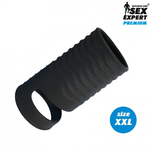 Черная открытая насадка на пенис с кольцом для мошонки XXL-size - 9,4 см. - Sex Expert - в Шахтах купить с доставкой