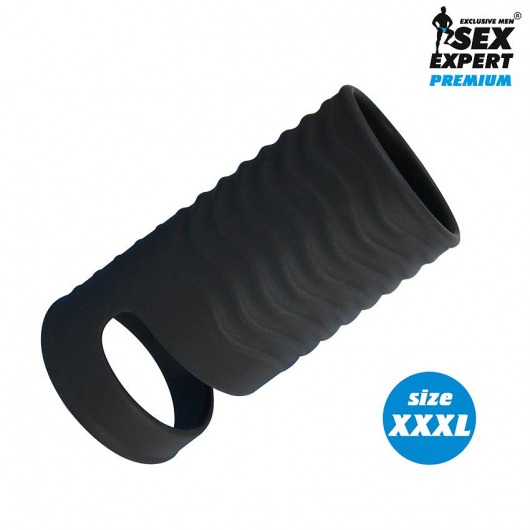 Черная открытая насадка на пенис с кольцом для мошонки XXXL-size - 9,9 см. - Sex Expert - в Шахтах купить с доставкой