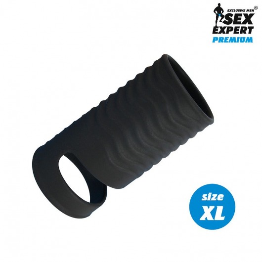 Черная открытая насадка на пенис с кольцом для мошонки XL-size - 8,9 см. - Sex Expert - в Шахтах купить с доставкой