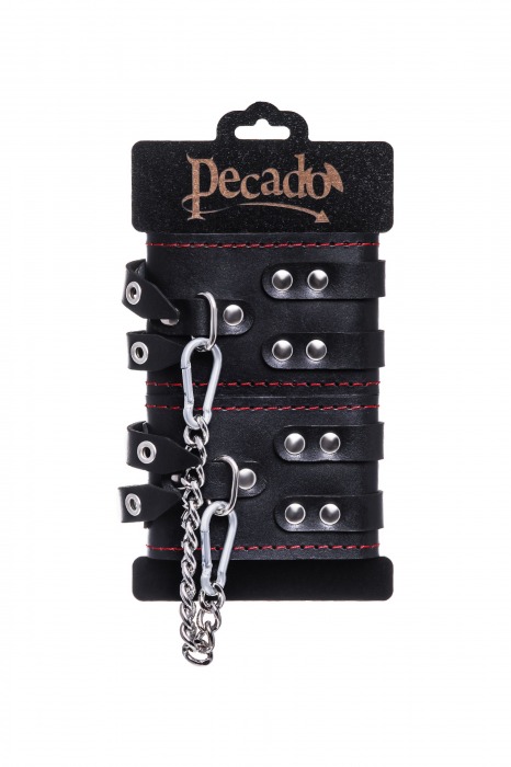 Черные кожаные оковы с двумя ремнями и контрастной строчкой - Pecado - купить с доставкой в Шахтах