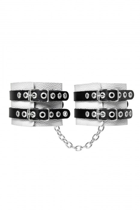 Бело-черные оковы с двумя ремешками и люверсами - Pecado - купить с доставкой в Шахтах