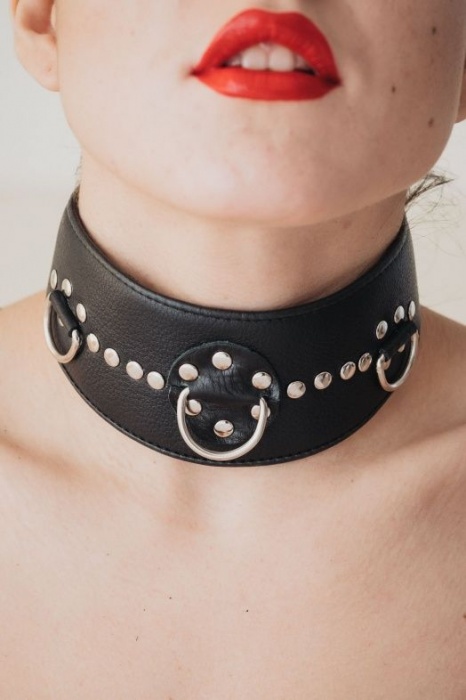 Чёрный кожаный ошейник с полукольцами и клёпками - БДСМ Арсенал - купить с доставкой в Шахтах