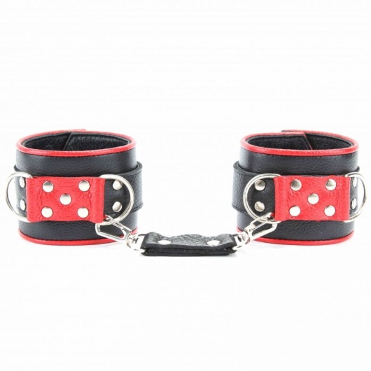 Широкие черные наручники с красным декором - БДСМ Арсенал - купить с доставкой в Шахтах