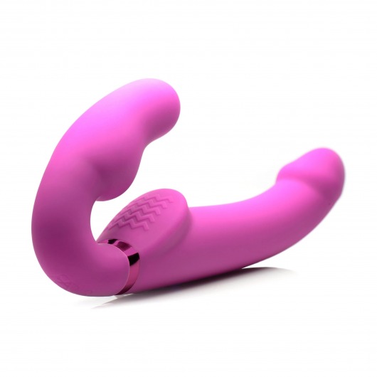 Розовый безремневой страпон с вибрацией и функцией расширения Inflatable Ergo-Fit Strapless Strap-On - XR Brands - купить с доставкой в Шахтах