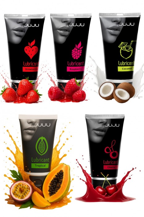Набор из 5 съедобных лубрикантов JUJU (клубника, малина, тропические фрукты, вишня, кокос) - JuJu - купить с доставкой в Шахтах