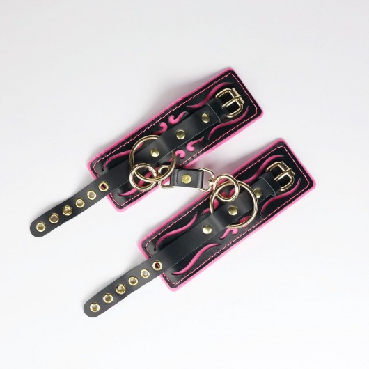 Черные кожаные наручники с розовой строчкой - Crazy Handmade - купить с доставкой в Шахтах