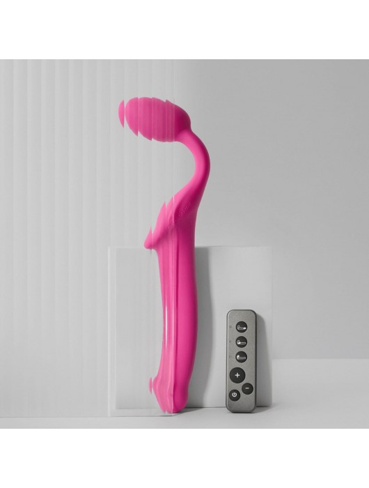 Ярко-розовый безремневой страпон Strap-on-me Vibrating Bendable Strap-On size L - Strap-on-me - купить с доставкой в Шахтах