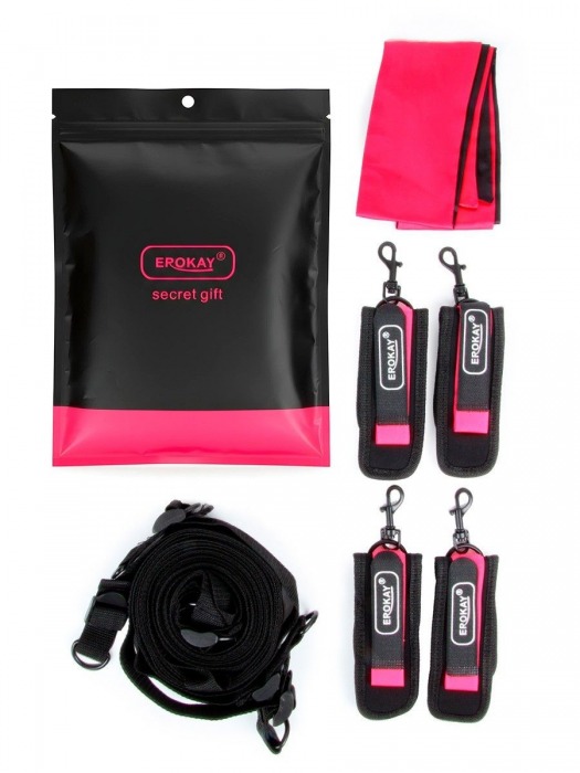 Черно-розовый эротический набор: фиксатор, оковы, наручники, повязка - Erokay - купить с доставкой в Шахтах