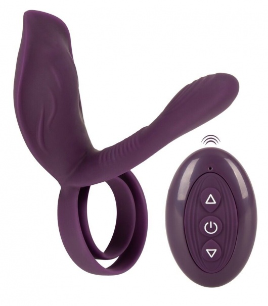 Фиолетовая насадка на член с клиторальным отростком и пультом ДУ RC Couple’s Vibrator 2 - Orion - в Шахтах купить с доставкой